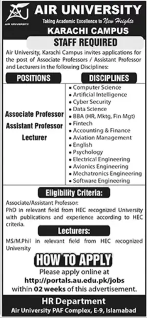 Air University Karachi Careers 2025 Advertisement