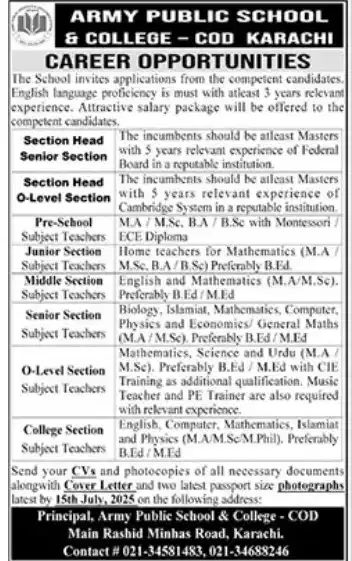 Army Public School COD Karachi Careers 2025 Advertisement