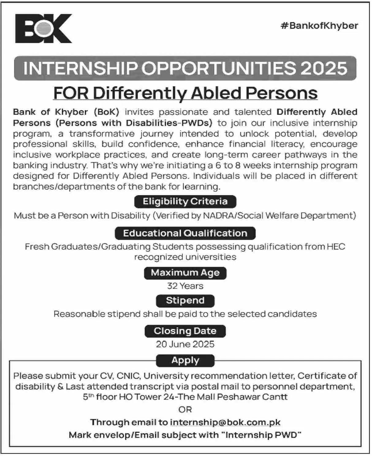 Bank of Khyber Internship Program 2025 Advertisement
