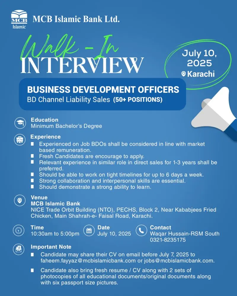 MCB Islamic Bank Jobs 2025 Advertisement