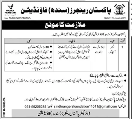 Pakistan Rangers Sindh Foundation Careers 2025 Advertiement