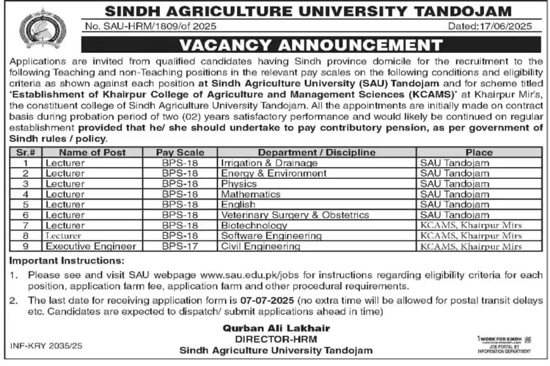 SAU Tandojam Vacany Announcement 2025 Advertisement