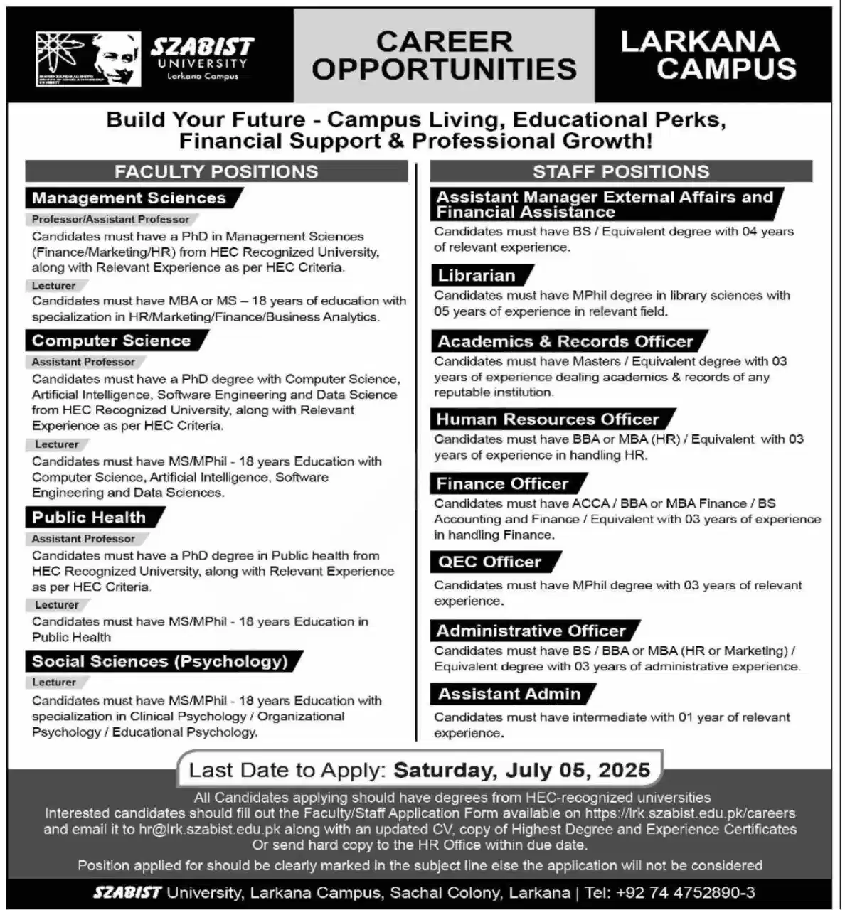 SZABIST Larkana Campus Jobs 2025 Advertisement