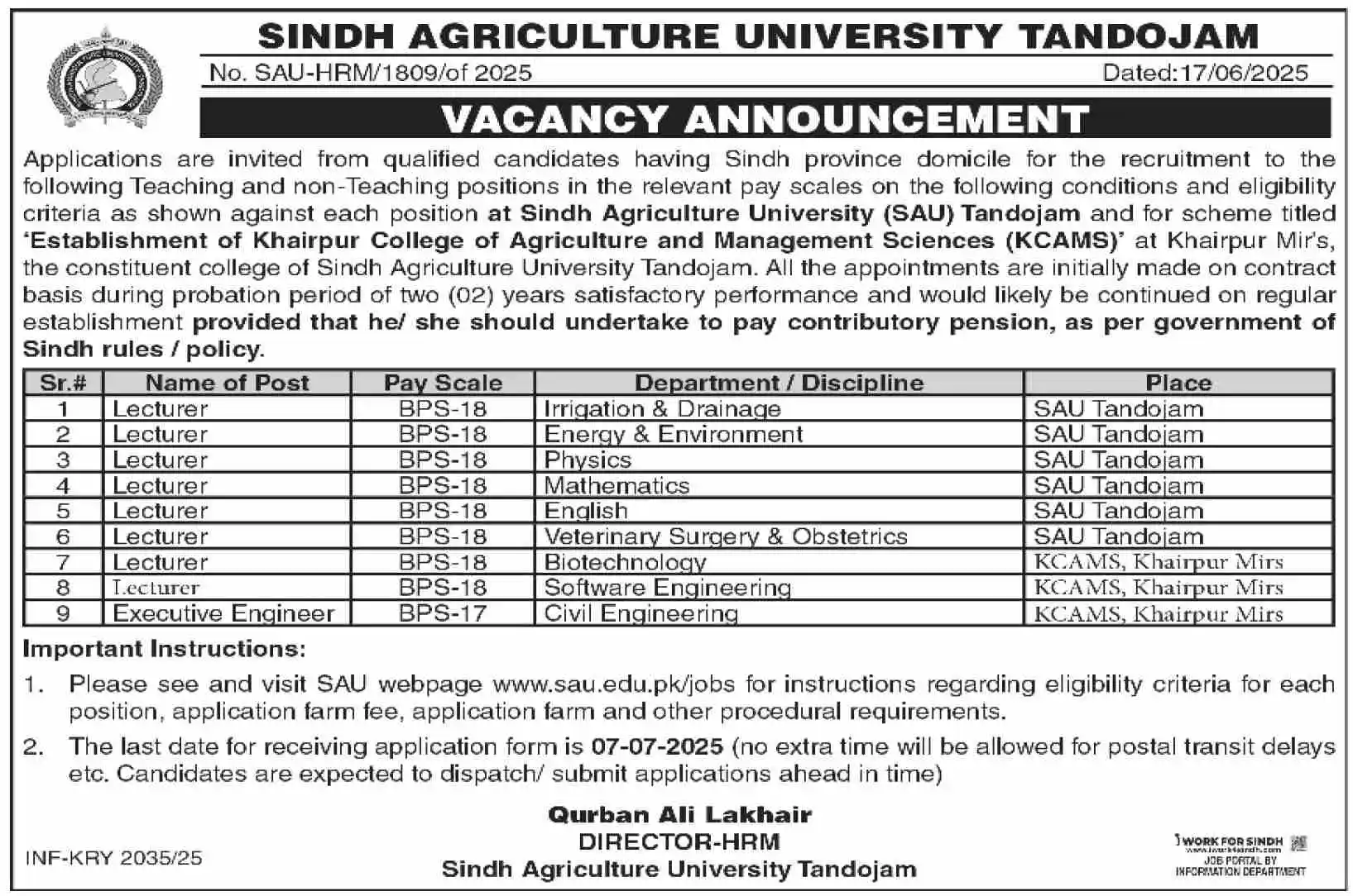 Sindh Agriculture University SAU Careers 2025 Advertisement