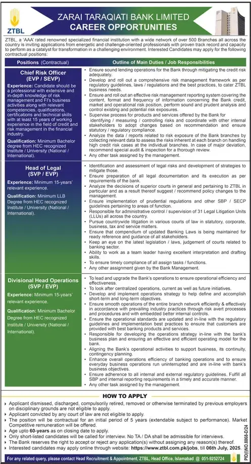 ZTBL Careers 2025 Advertisement