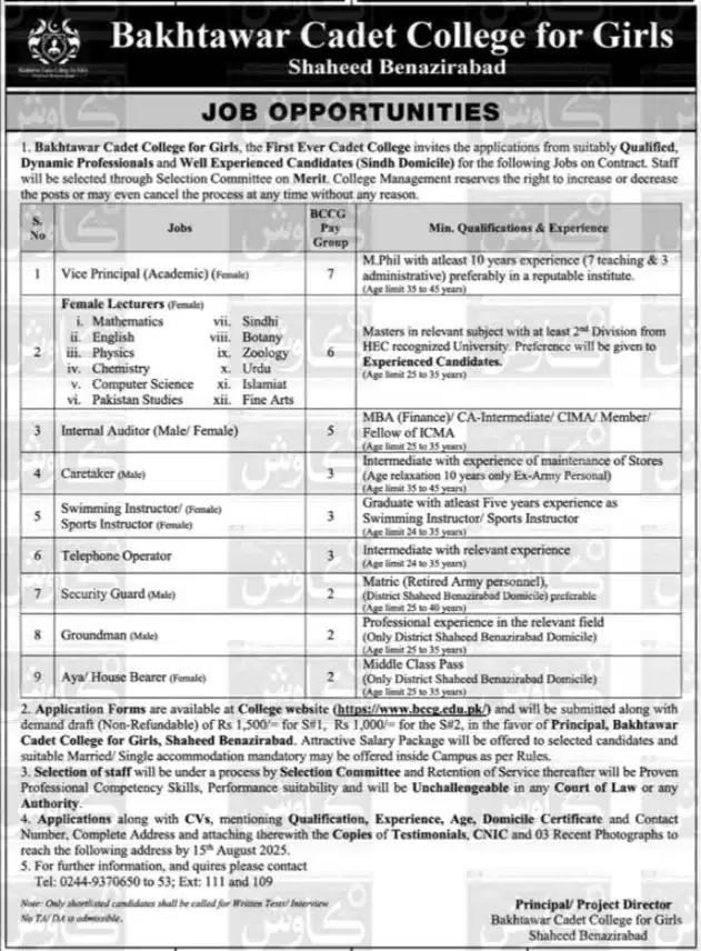 Bakhtawar Cadet College Jobs 2025 Advertisement