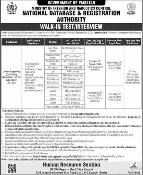 NADRA Karachi Careers 2025 Advertisement