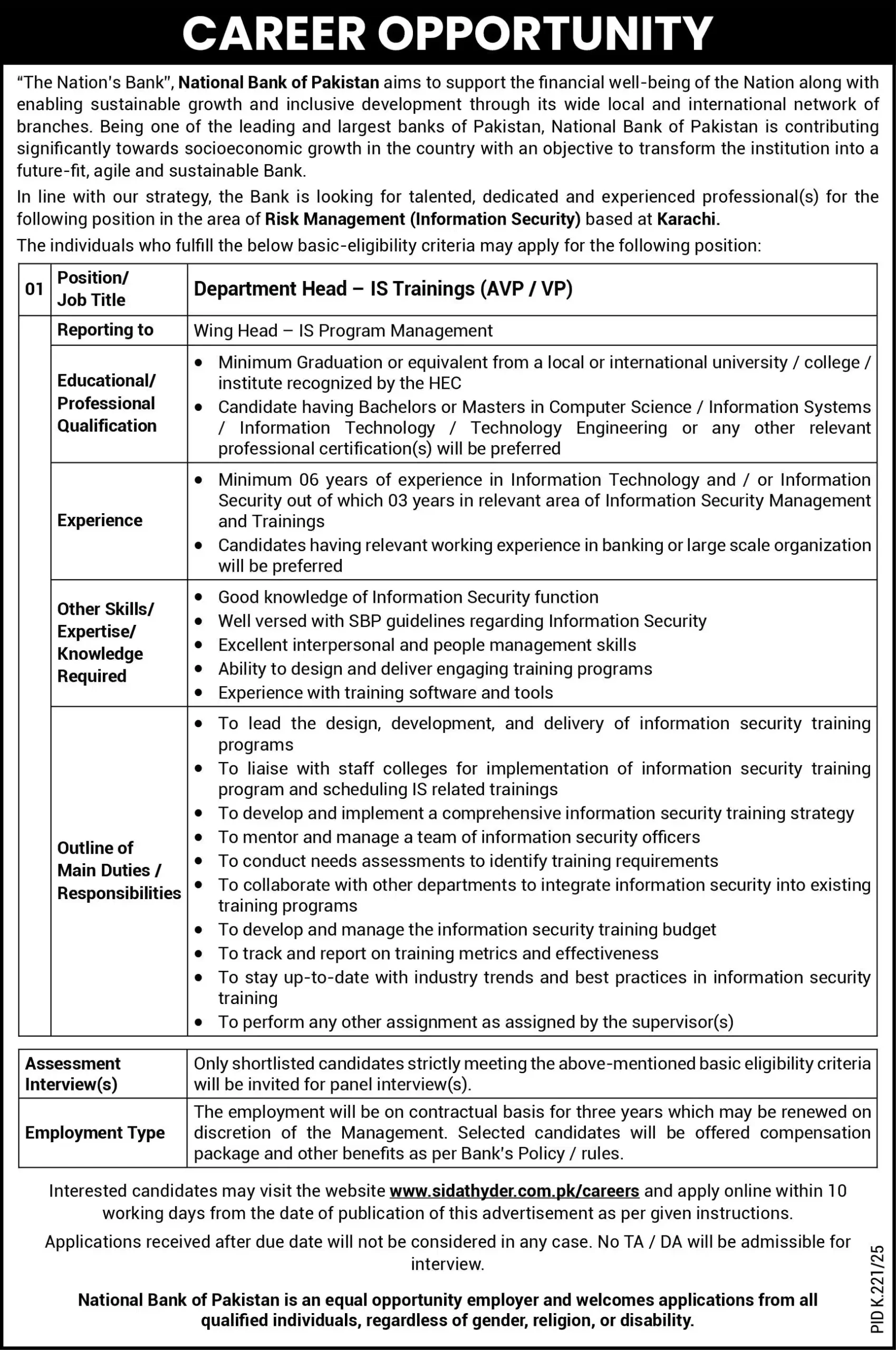 NBP Career Opportunities 2025 Advertisement: