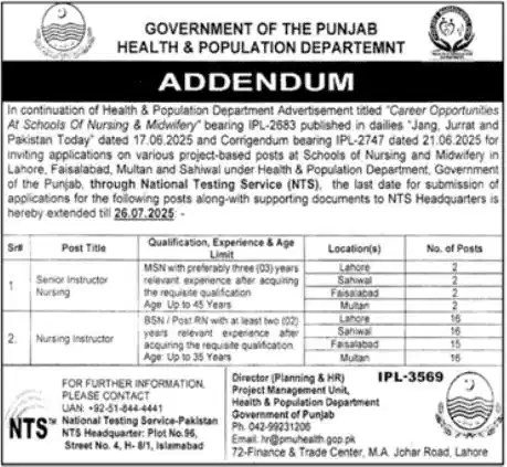 Punjab Health Department Nursing Jobs 2025 Advertisement
