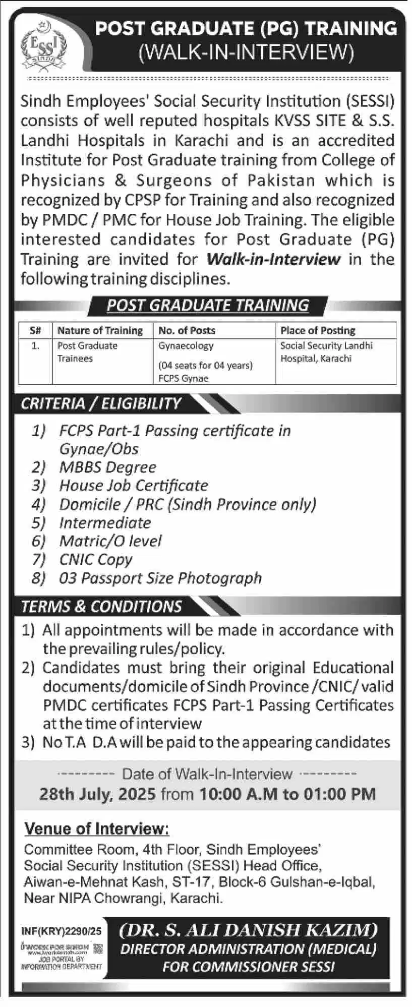 SESSI Post Gynaecology Training 2025 Advertisement