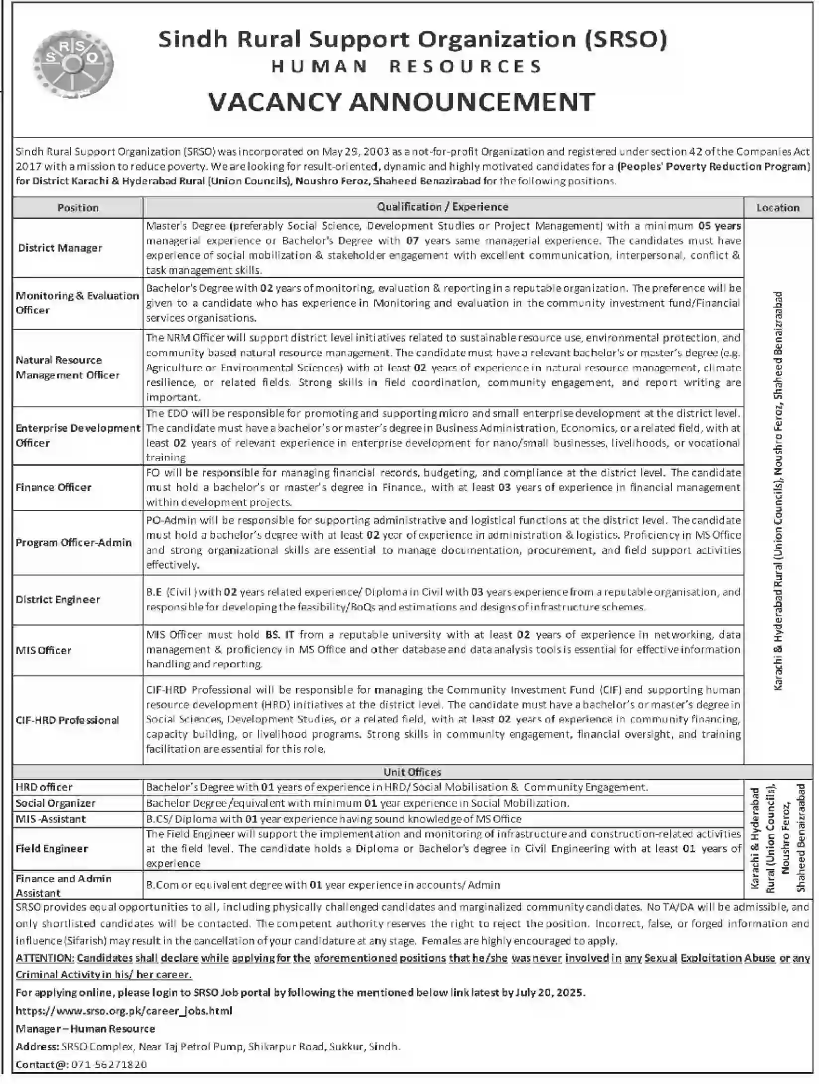 SRSO Jobs 2025 Advertisement