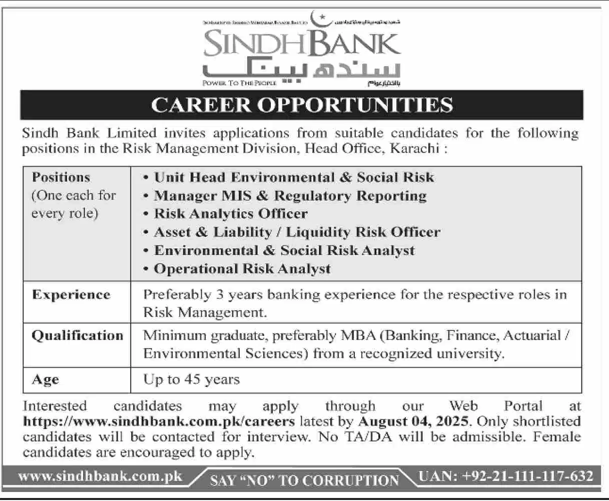 Sindh Bank Jobs 2025 Advertisement: