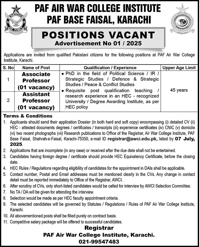 Teaching Jobs at PAF Air War College Karachi 2025 Advertisement