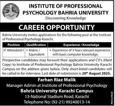 Bahria University Karachi Careers 2025 Advertisement