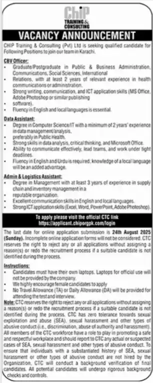 CHIP Training & Consulting Karachi Jobs 2025 Advertisement