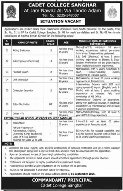 Cadet College Sanghar Jobs 2025 Advertisement