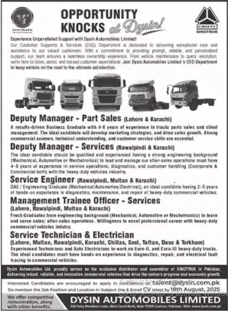 Dysin Automobiles Limited Jobs 2025 Advertisement