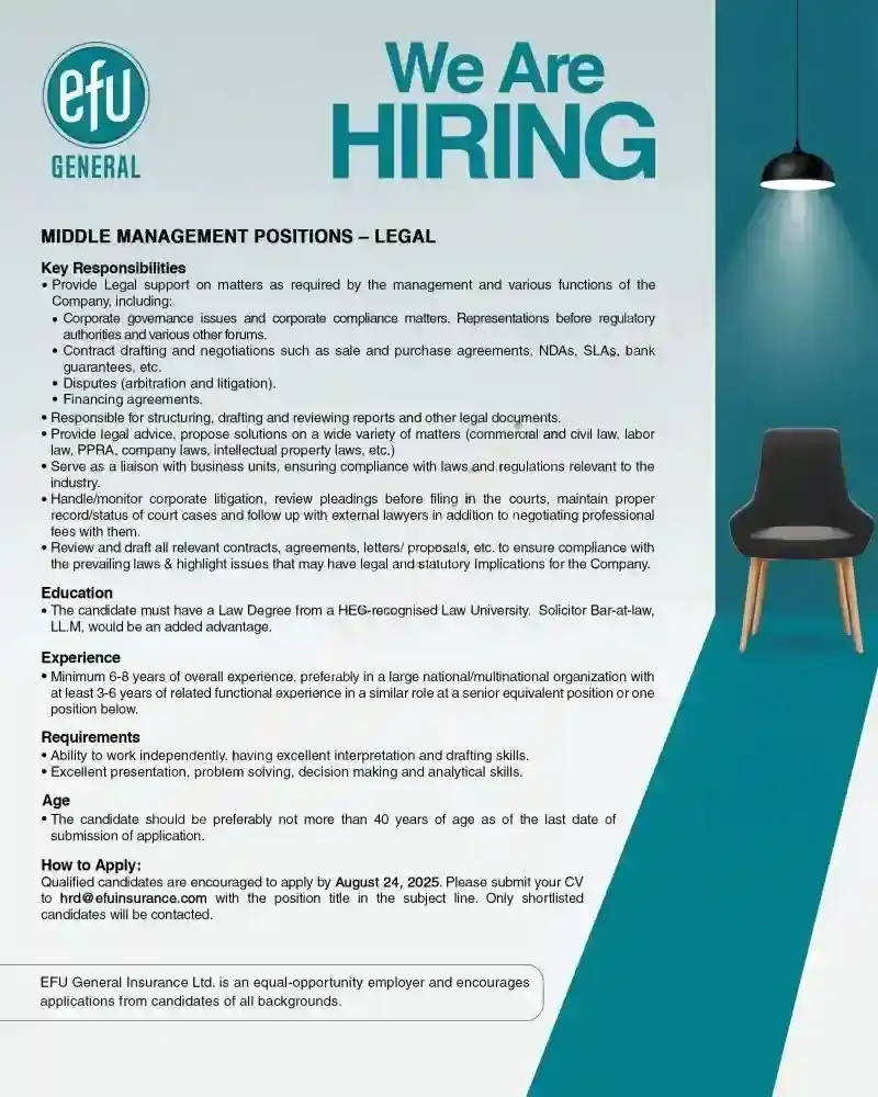 EFU Insurance Careers 2025 Advertisement: