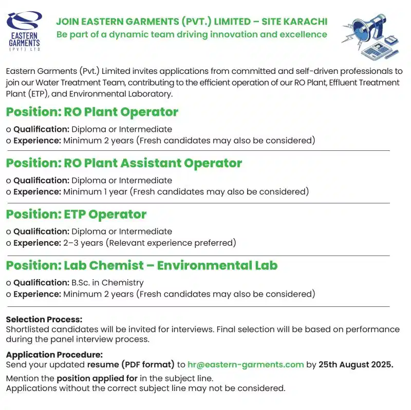 Eastern Garments Pvt Ltd Careers 2025 Advertisement