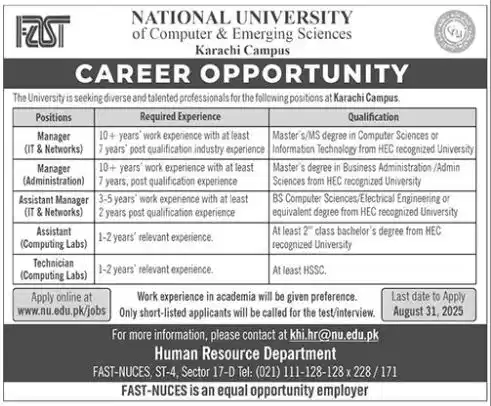 Fast Nuces karachi Jobs 2025 Advertisement