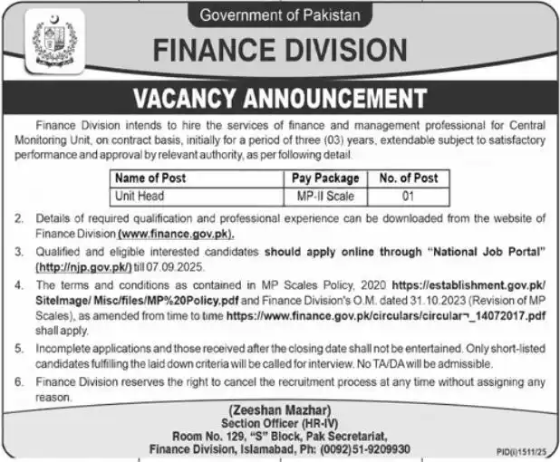Finance Division Pakistan Jobs 2025 Advertisement