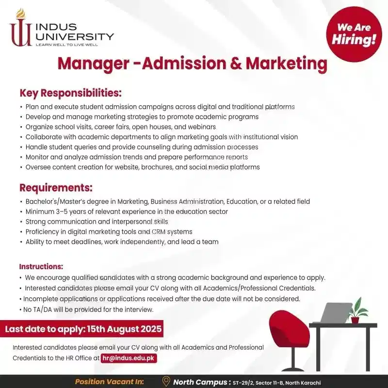 Indus University Careers 2025 Advertisement