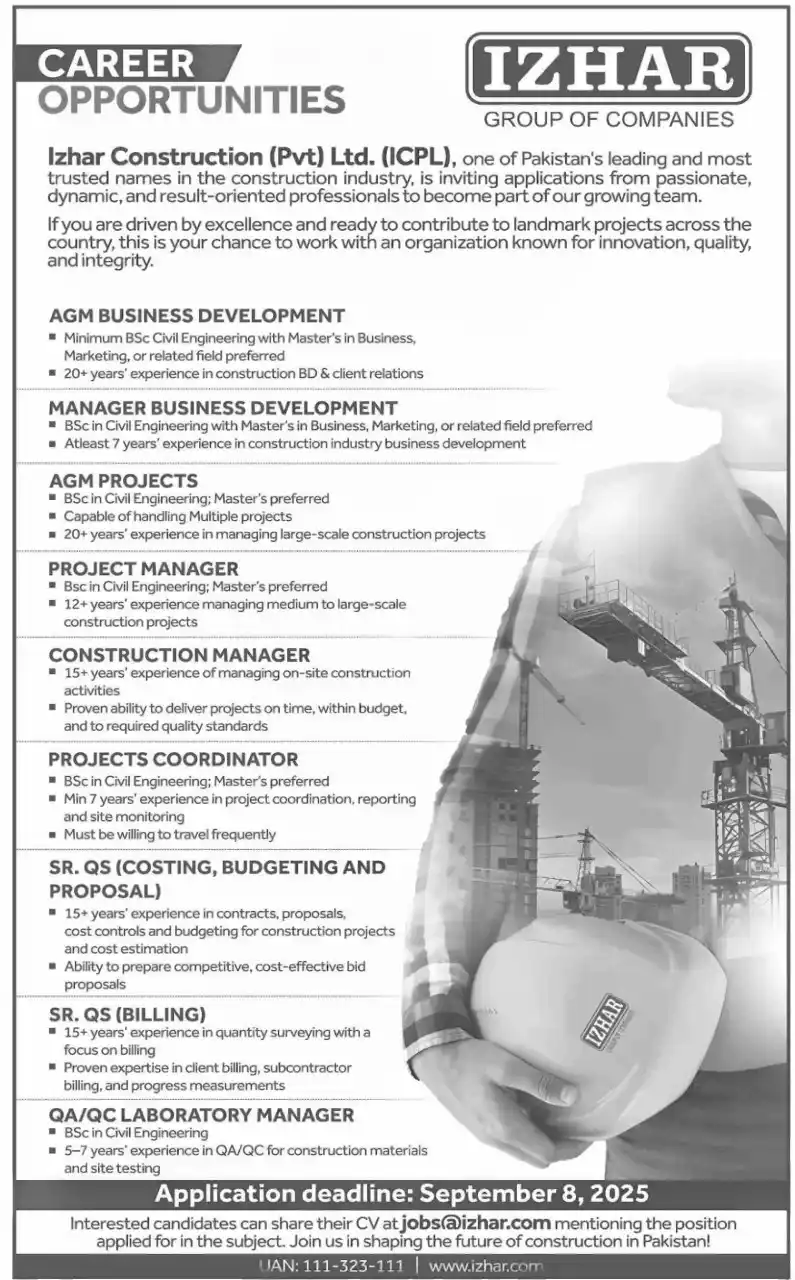 Izhar Construction Jobs 2025 Advertisement