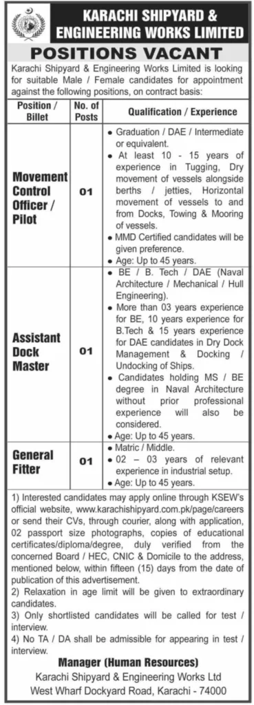 Karachi Shipyard & Engineering Works Careers 2025 Advertisement: