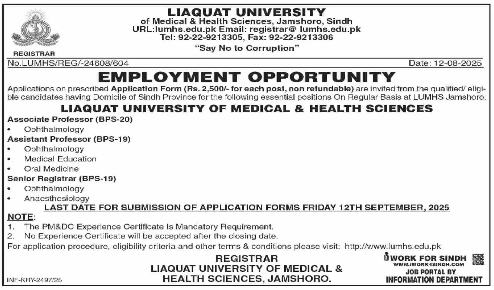 LUMHS Jamshoro Jobs 2025 Advertisement