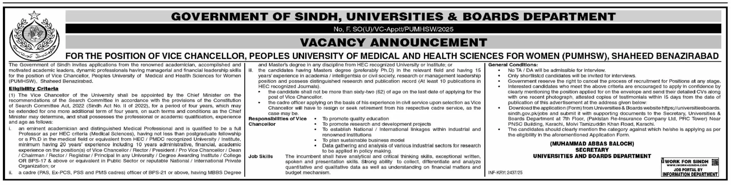 PUMHSW Vice Chancellor Jobs 2025 Advertisement