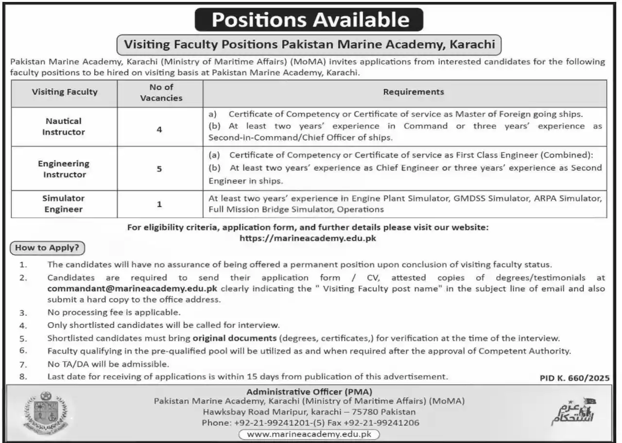 Pakistan Marine Academy Jobs 2025 Advertisement