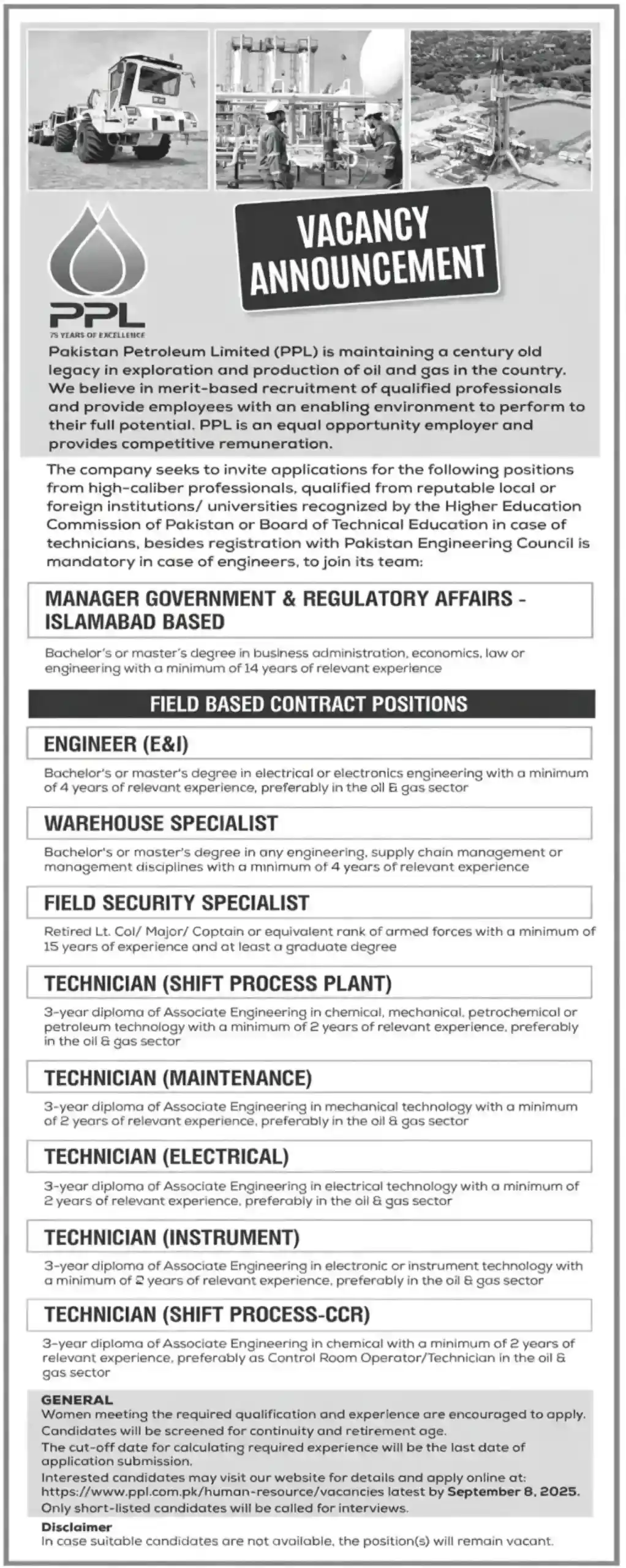 Pakistan Petroleum Limited PPL Jobs Online Apply 2025 Advertisement