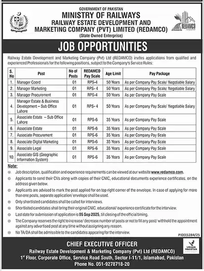 Ministry of Railways REDAMCO Jobs 2025 Advertisement: