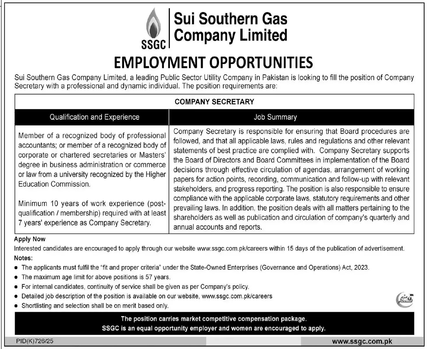 SSGC Careers 2025 Advertisement:
