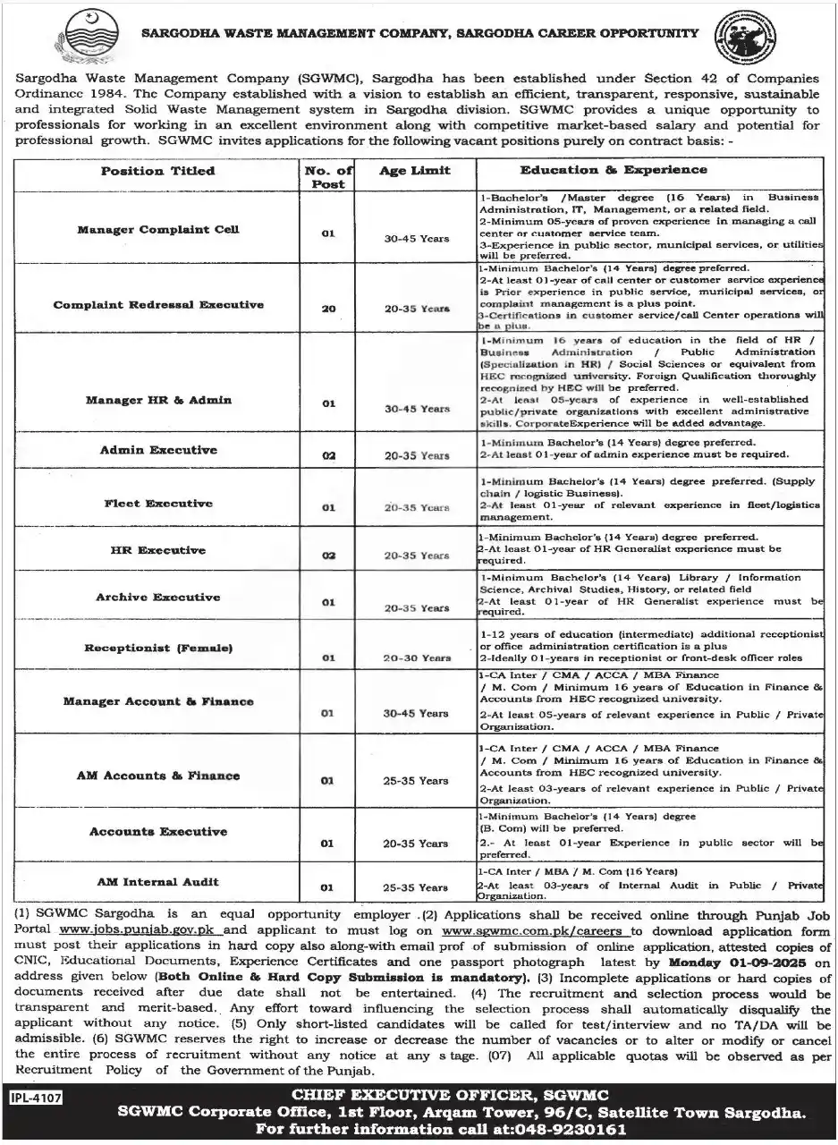 Sargodha Waste Management Company SGWMC Jobs 2025 Advertisement