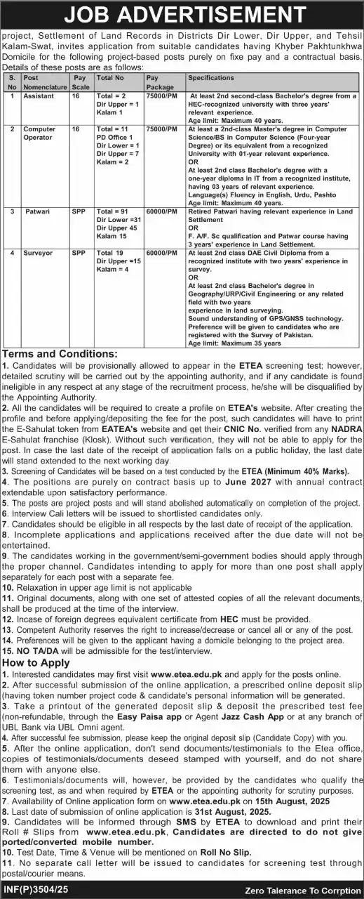 Settlement of Land Records Project Jobs 2025 Advertisement