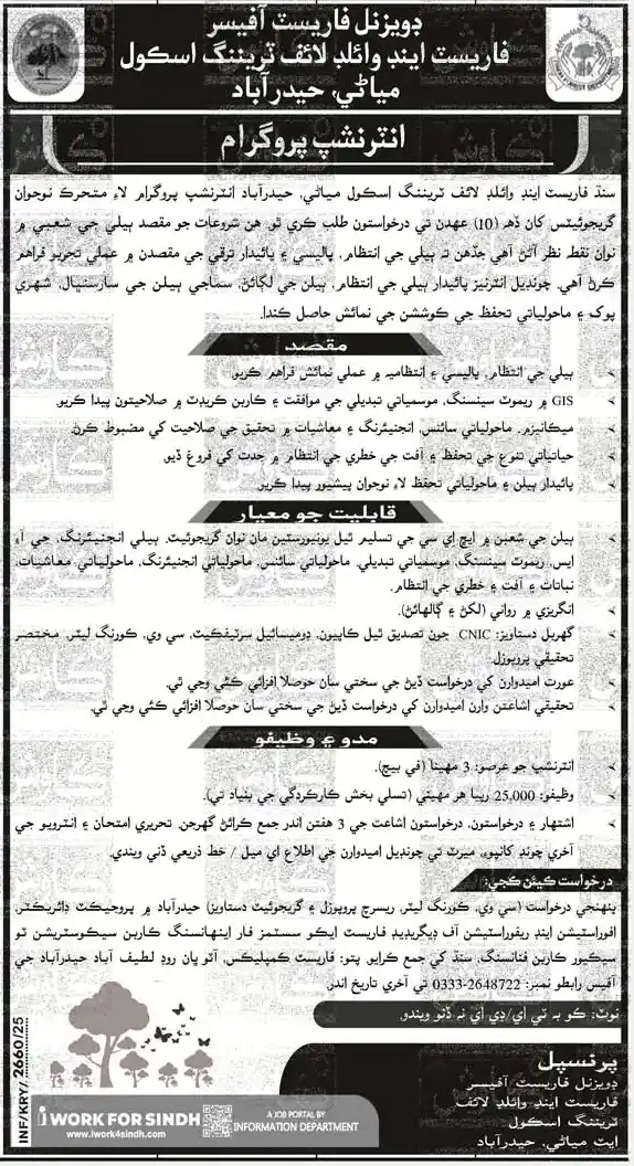Sindh Forest & Wildlife Training School Internship Program 2025 Advertisement
