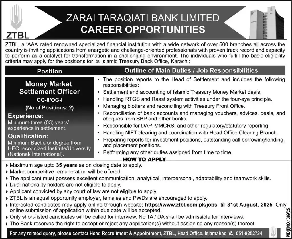ZTBL Karachi Careers 2025 Advertisement