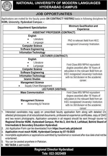NUML Hyderabad Jobs 2025 Advertisement