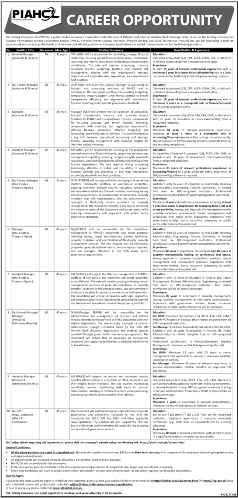 PIA Holding Company Jobs 2025 Advertisement