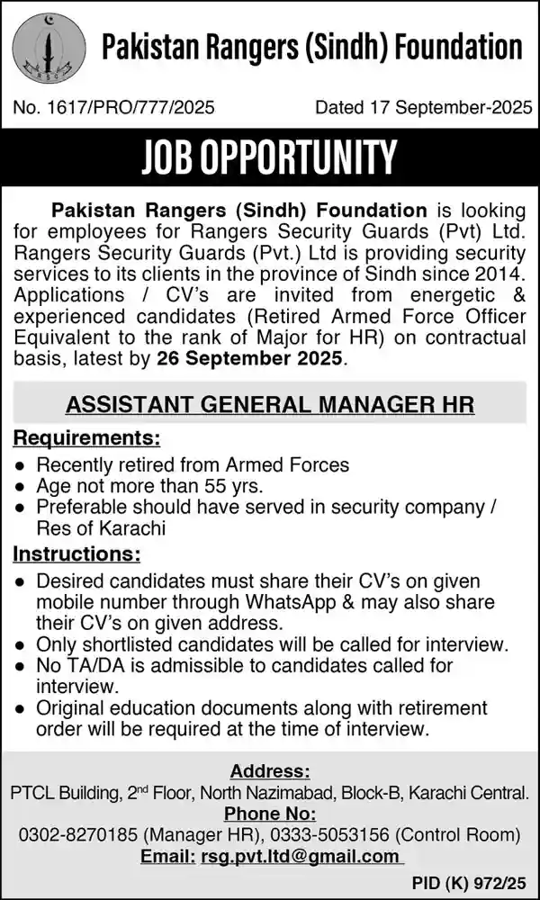 Pakistan Rangers Sindh Foundation Careers 2025 Advertisement: