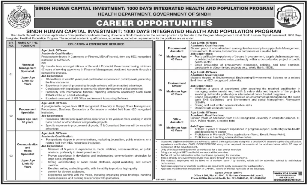 Health Department Sindh Jobs 2025 Advertisement