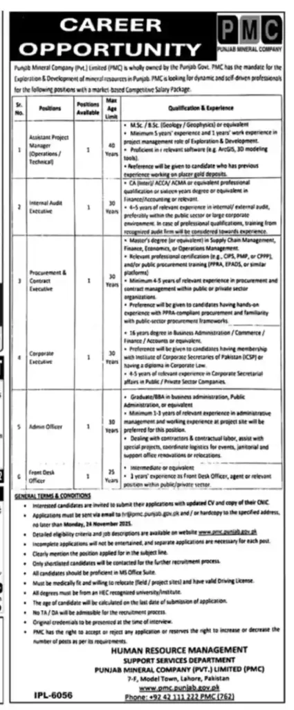 Punjab Mineral Company Jobs 2025 Advertisement