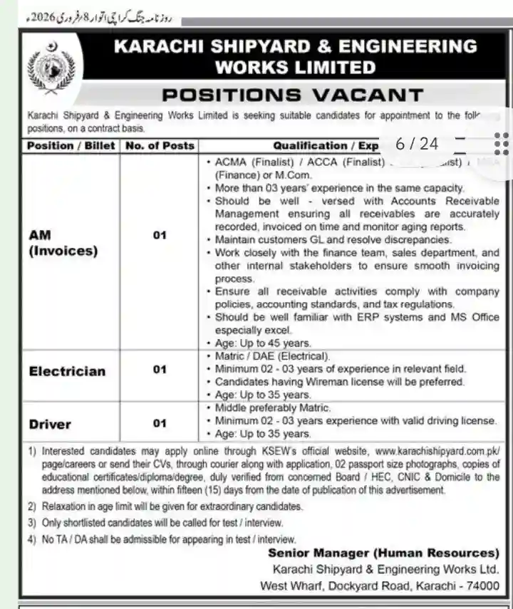 KSEW Jobs 2026 in Karachi Shipyard