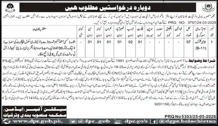 Government of Balochistan Senior Clerk (B-11) Jobs 2026