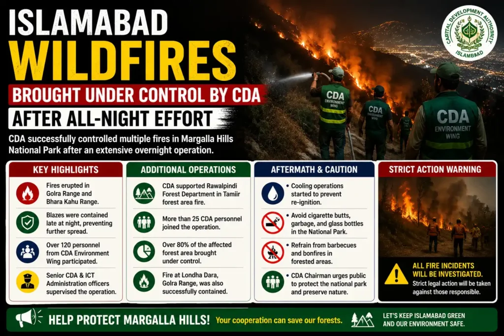 Islamabad Wildfires Brought Under Control by CDA After All-Night Effort