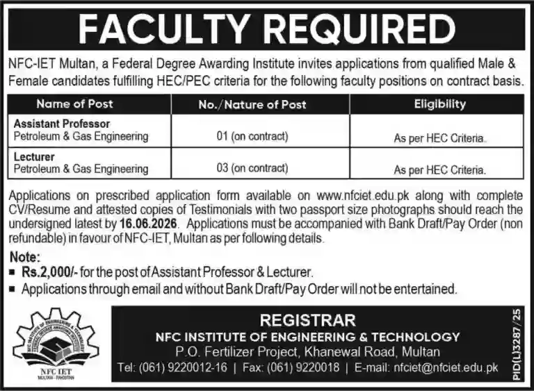 NFC Institute of Engineering & Technology (NFC-IET) Multan Jobs 2026