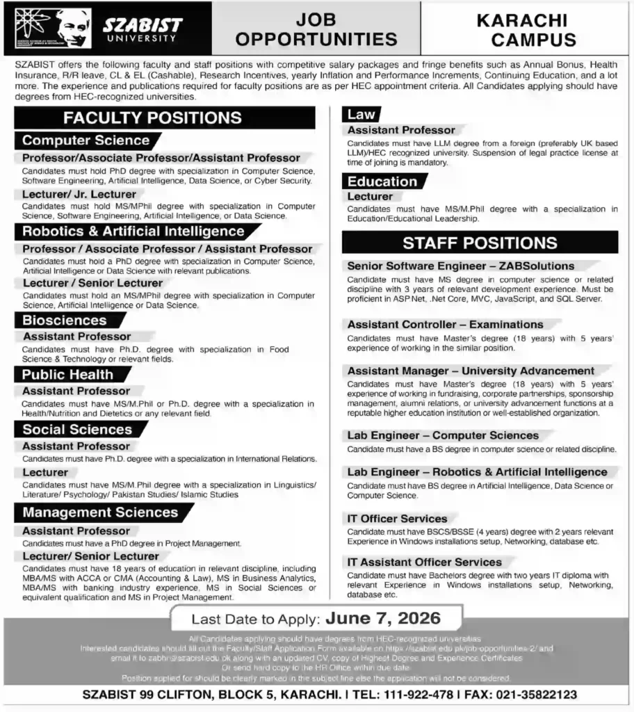 SZABIST University Karachi Jobs 2026 Announced for Faculty and Staff Apply Online
