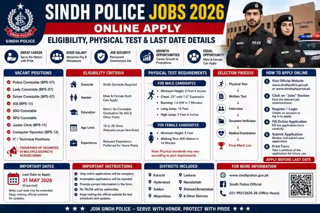 Sindh Police Jobs 2026 Online Apply – Eligibility, Physical Test & Last Date Details