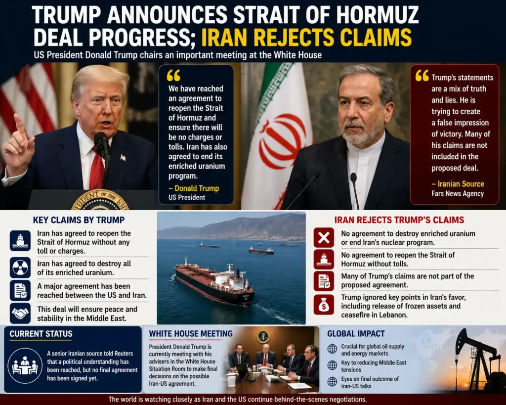 Trump Announces Strait of Hormuz Deal Progress as Iran Rejects Key Claims